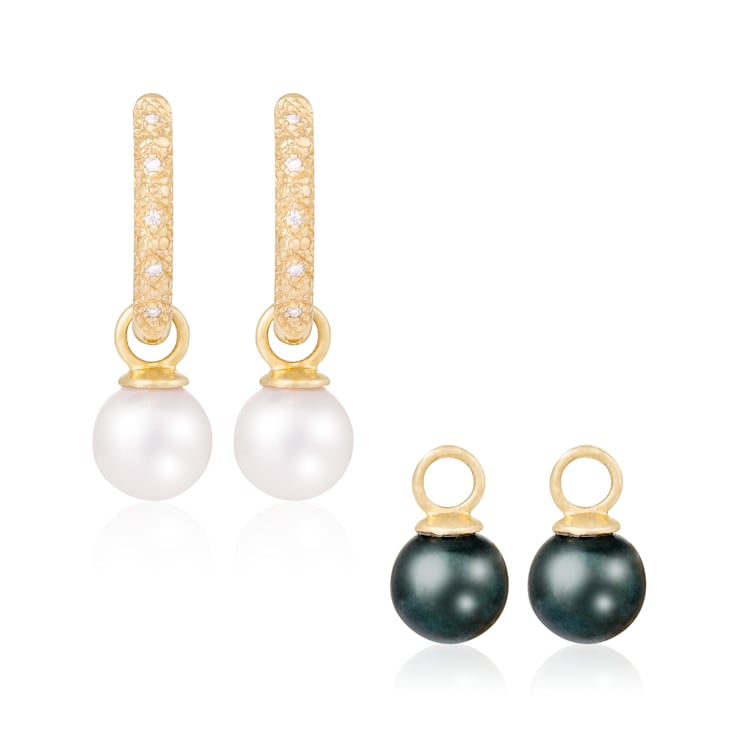 White and Black Cultured Akoya Pearl 14k Yellow Gold Earrings 7-7.5mm