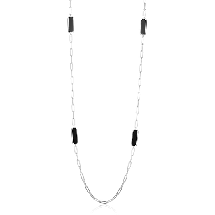 Black Agate Platinum Over Sterling Silver Paperclip Station Necklace 17x5mm
