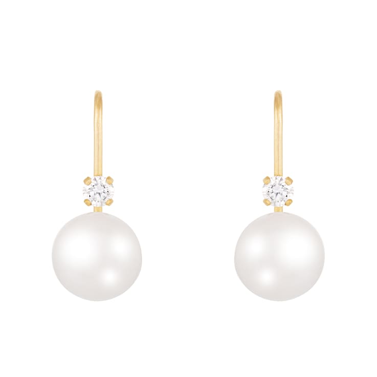 14k Yellow Gold Leverback Earring with 7mm Freshwater Pearl and .10CT DTW