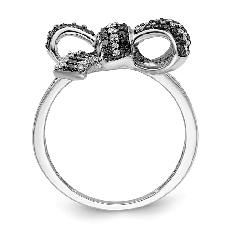 Rhodium Over Sterling Silver Black and White Diamond Bow Ring