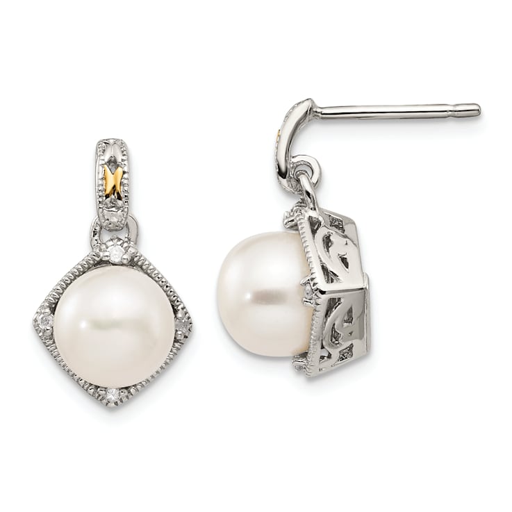 Sterling Silver Rhodium-plated with 14K Accent Freshwater Cultured Pearl
and Diamond Post Earrings