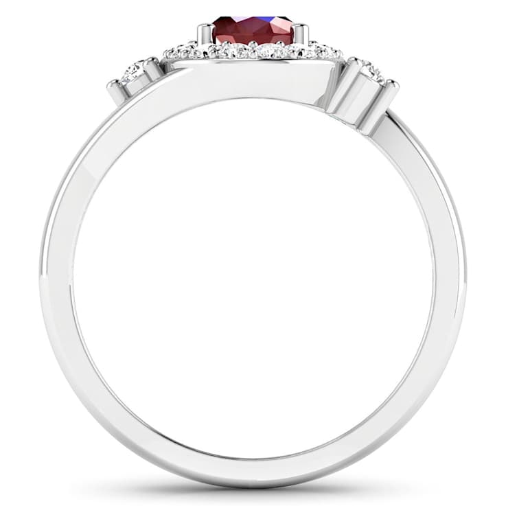Oval Red Ruby and Diamond 14K White Gold Halo Ring 1.12 ctw