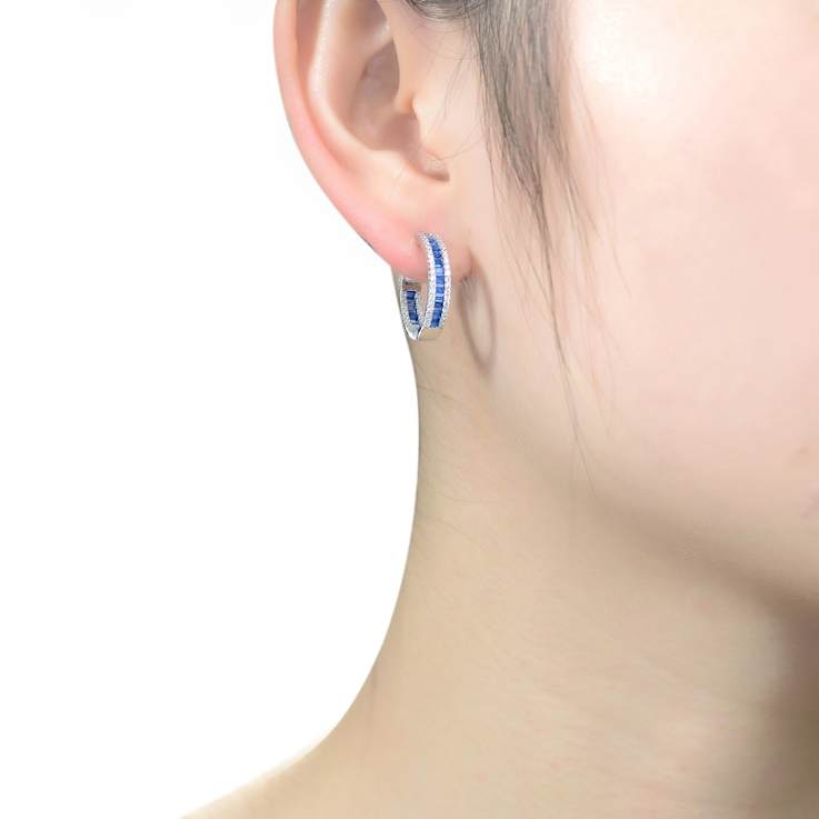 Sapphire Color CZ Hoop Earrings In Sterling Silver