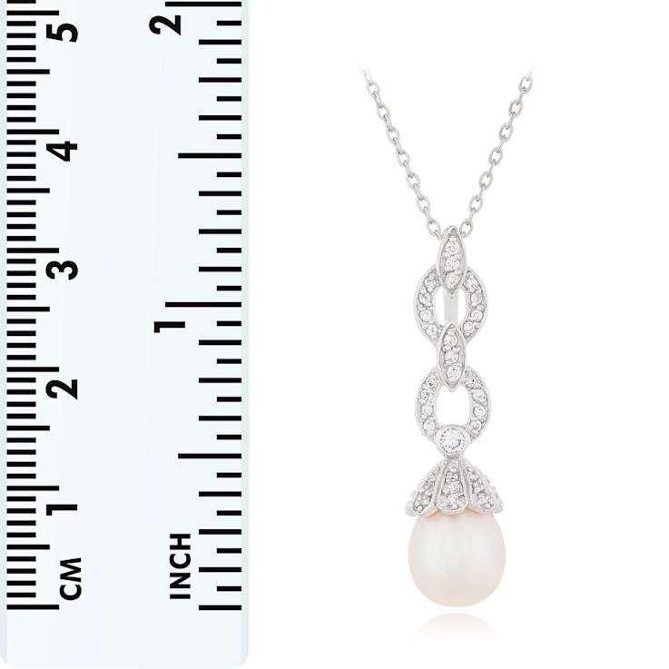 8.5-9mm Drop White Cultured Freshwater Pearl and CZ Rhodium Over
Sterling Silver Pendant