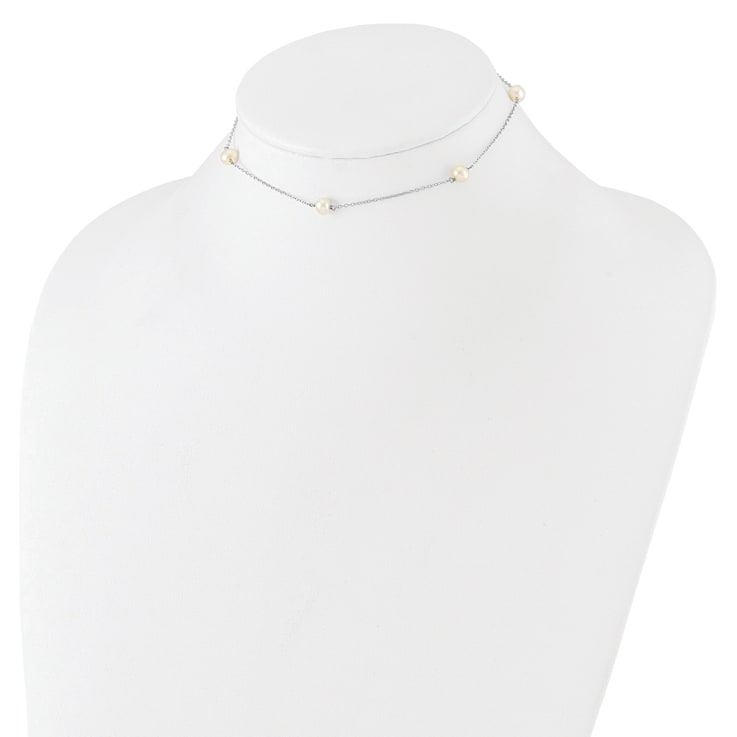 Rhodium Over Sterling Silver 5-5.5mm FWC Pearl 5-Station Children's Necklace