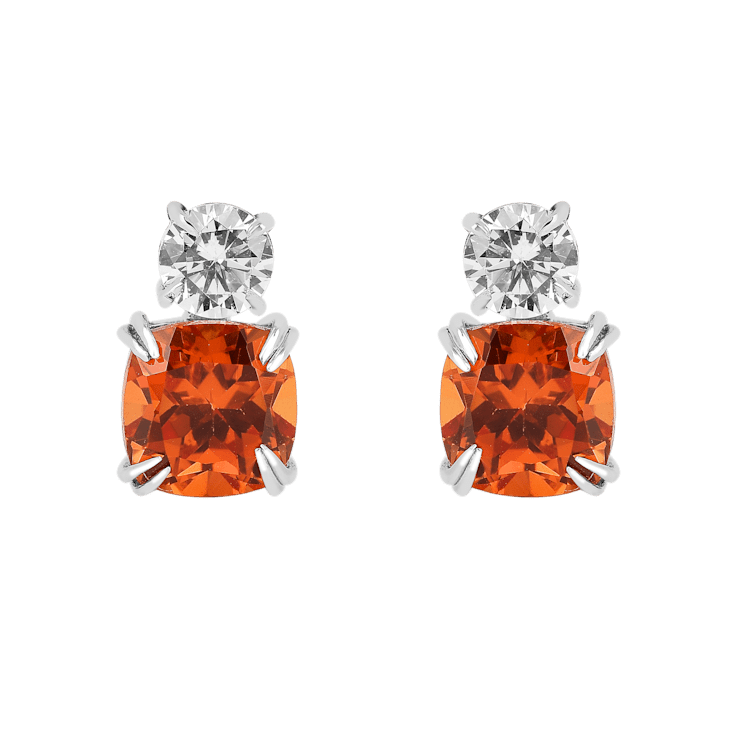 Peach Orange Lab Created Padparadscha Sapphire and Moissanite Rhodium
Over Sterling Silver Earrings