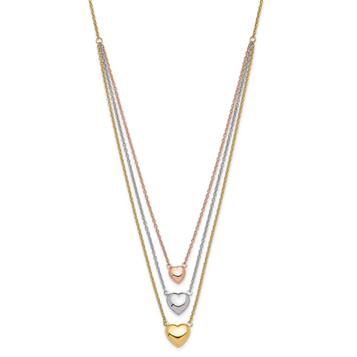 14K Tri-color Three Heart with 1-inch Extension Necklace