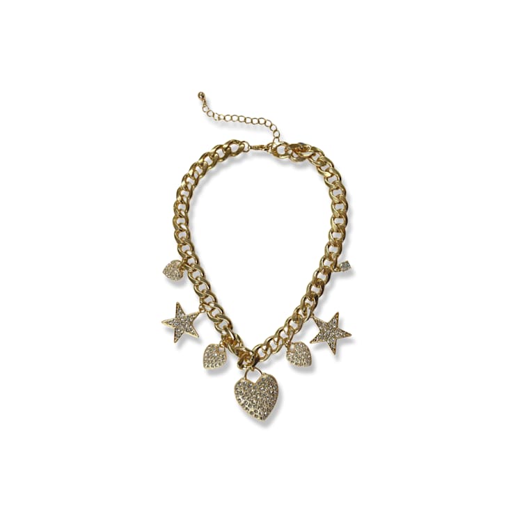 Gold Tone Crystal Stars and Heart Charms Pendant Necklace.