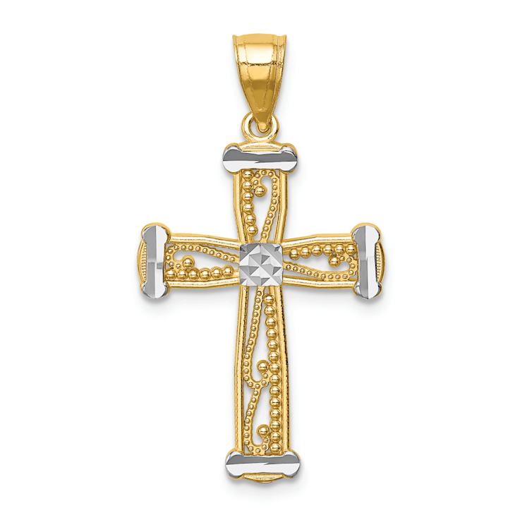 14k Two-tone Gold Diamond-Cut and Beaded Textured Cross Pendant