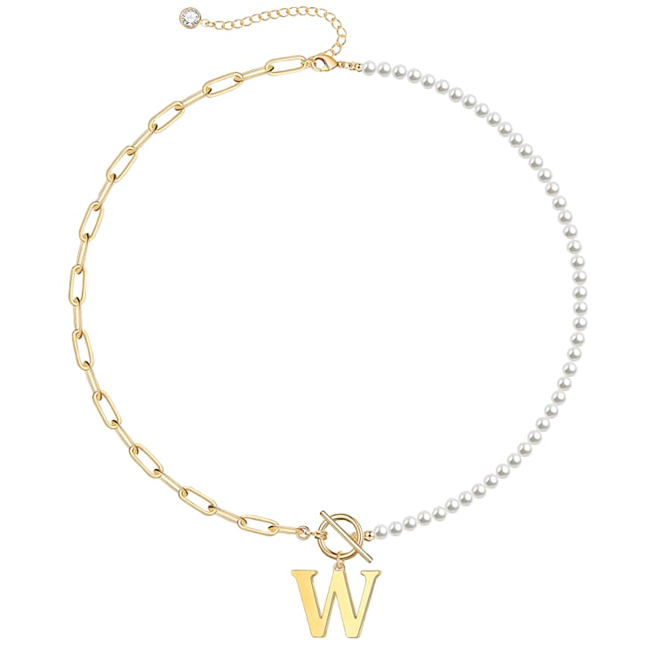 14K Gold Over Brass Initial Pearl Simulant Link Chain Necklace Letter W