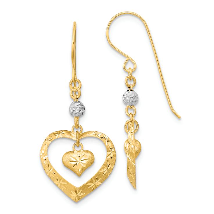 14k Two-tone Satin, Textured and Diamond-Cut Heart Dangle Earrings