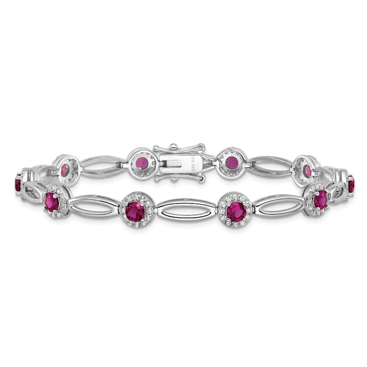 Rhodium Over Sterling Silver Fancy Lab Created Ruby and Cubic Zirconia Bracelet