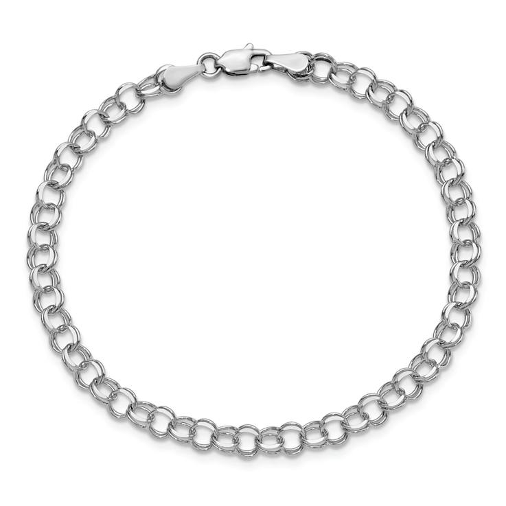 Rhodium Over 14k White Gold 4.5mm Diamond-Cut Double Link Charm Bracelet