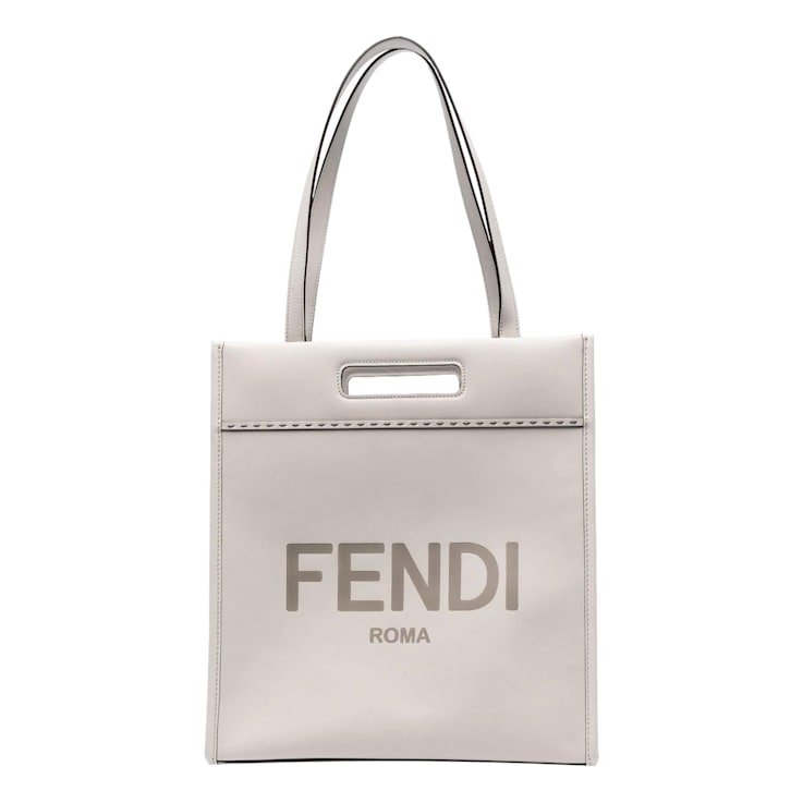 Fendi Light Gray Calfskin Leather Tote with Fendi Roma Logo