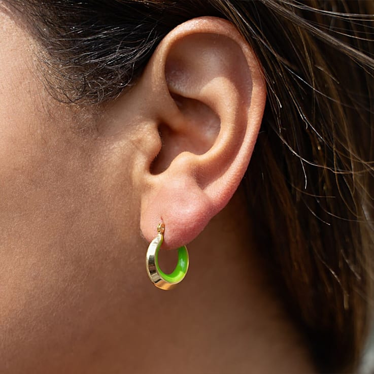 14K Yellow Gold Over Sterling Silver Petite Enamel Slope Huggie Hoops in
Neon Green