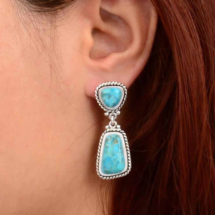 Barse Turquoise Double Drop Earrings In Sterling Silver Over Bronze
