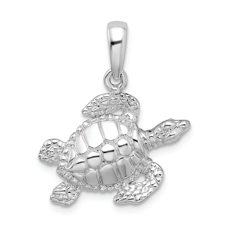 Rhodium Over Sterling Silver Polished Large Sea Turtle Pendant