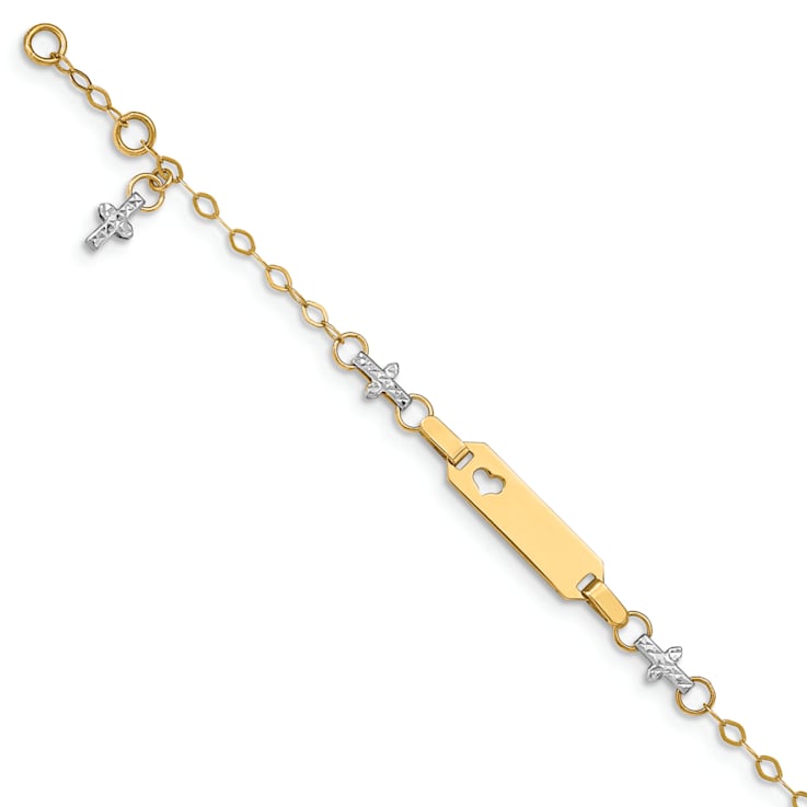 14k Yellow Gold and 14k White Gold Baby Polished Textured Cross ID Bracelet