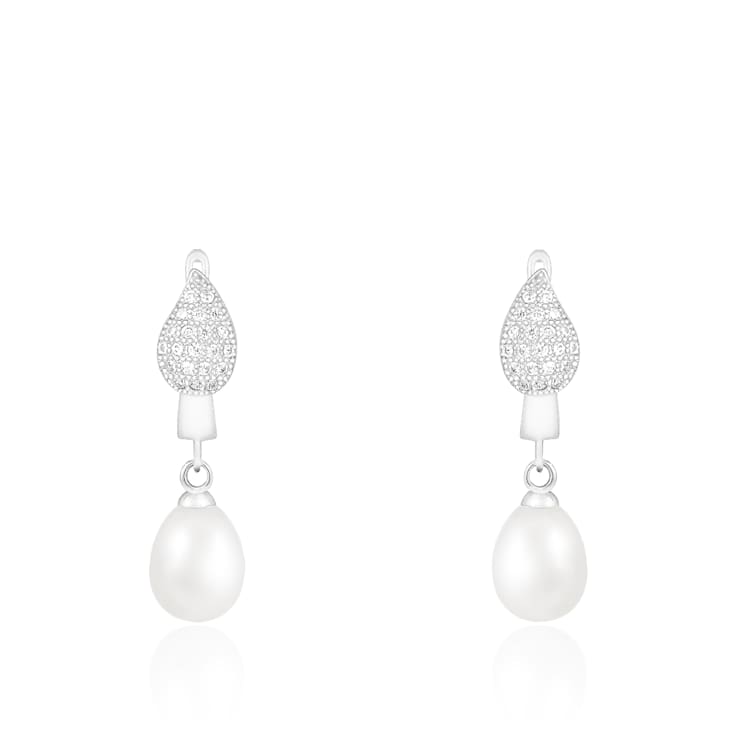 8-8.5mm White Cultured Freshwater Pearl Rhodium Over Sterling Silver Earrings