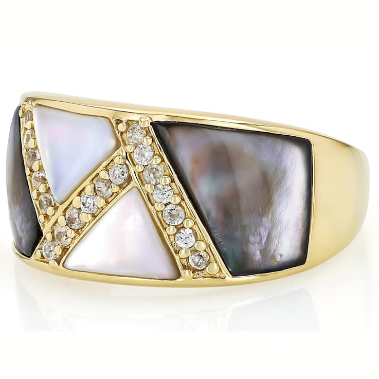 Black And White Mother-Of-Pearl And White Zircon Ring In 18K Gold Over
Sterling Silver 0.17ctw