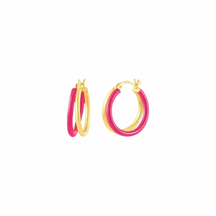 14K Yellow Gold Over Sterling Silver Double Hoop Enamel Earrings in Pink