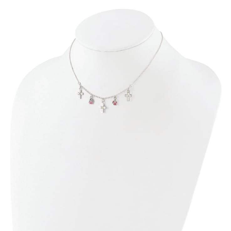 Sterling Silver Polished Enamel Cubic Zirconia Cross and Angels
Children's Necklace