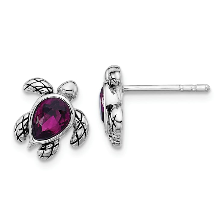 Rhodium Over Sterling Silver Antiqued Crystal February Birthstone Turtle Earrings