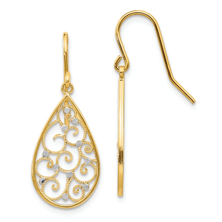 14k Yellow Gold and Rhodium Over 14k Yellow Gold Filigree Textured
Teardrop Dangle Earrings