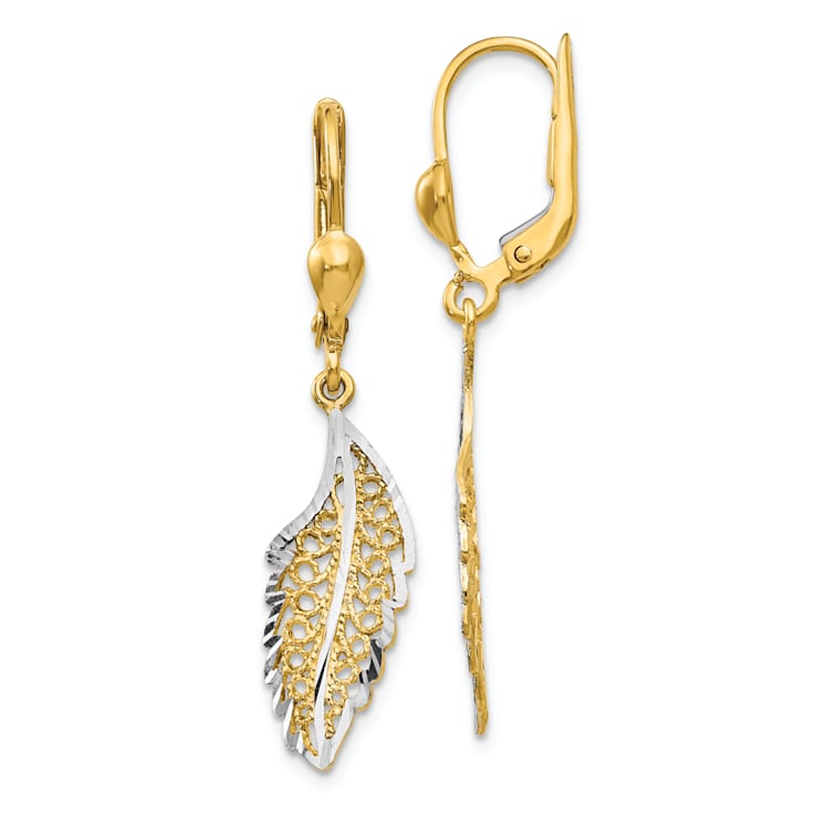 14K Yellow Gold With White Rhodium Polished/Textured Leaf Leverback
Dangle Earrings