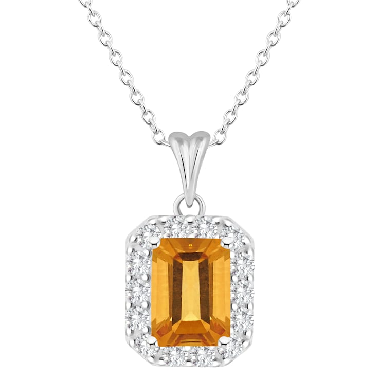 8x6mm Emerald Cut Citrine and White Topaz Accent Rhodium Over Sterling
Silver Halo Pendant w/Chain