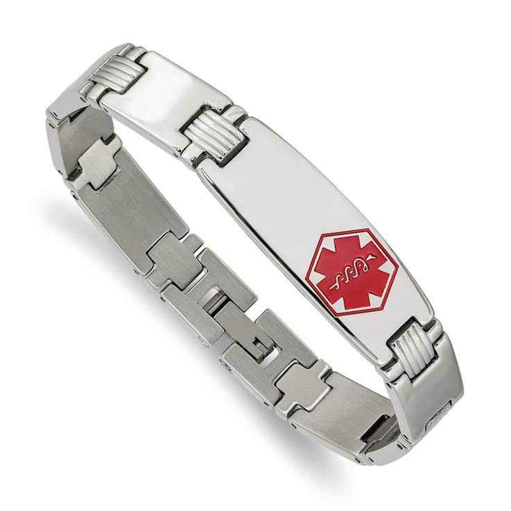 Stainless Steel Polished and Brushed Red Enamel 8.25-inch Medical ID Bracelet