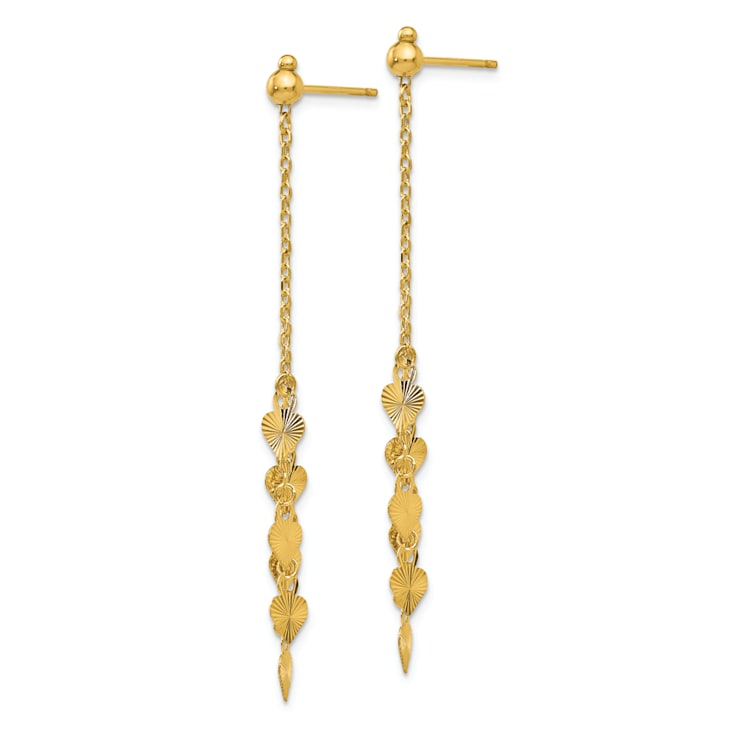 14k Yellow Gold Diamond-Cut Heart Dangle Earrings