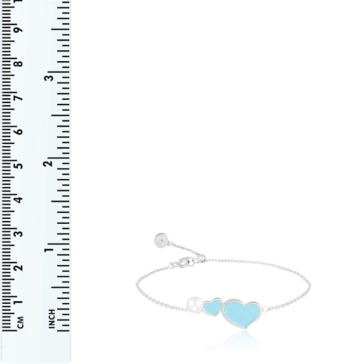 4.5-5mm Blue Enamel Heart and Cultured Freshwater Pearl Silver  Bracelet