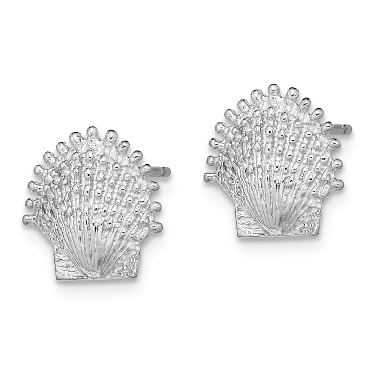 Rhodium Over 14K White Gold Beaded Textured Scallop Shell Dangle Earrings