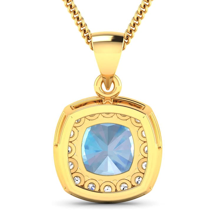 1.70ctw 14K Yellow Gold Cushion Aquamarine and White Diamond Pendant
with 18 inch Cable Chain