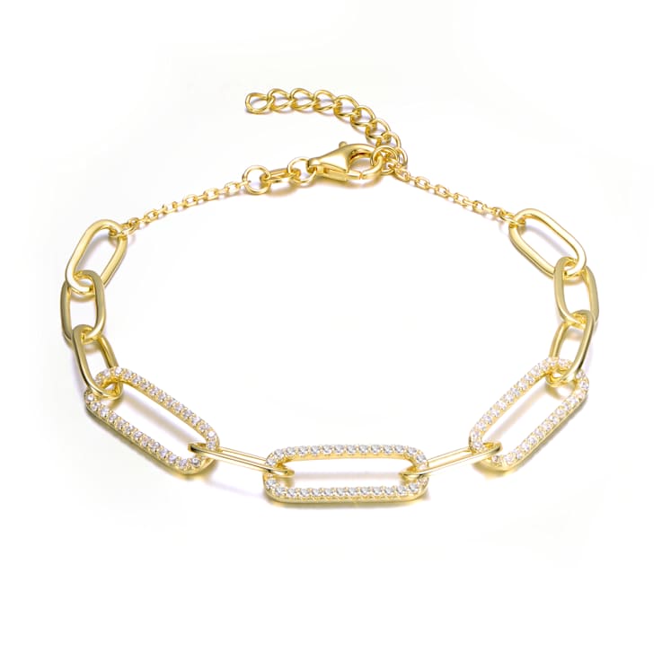 Pave CZ Slinky Oval Link Bracelet In 14K Gold Over Sterling Silver