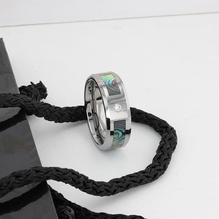 HONOLULU Mother of Pearl Inlay Tungsten Carbide Ring with Beveled Edges
and White Diamond 8mm