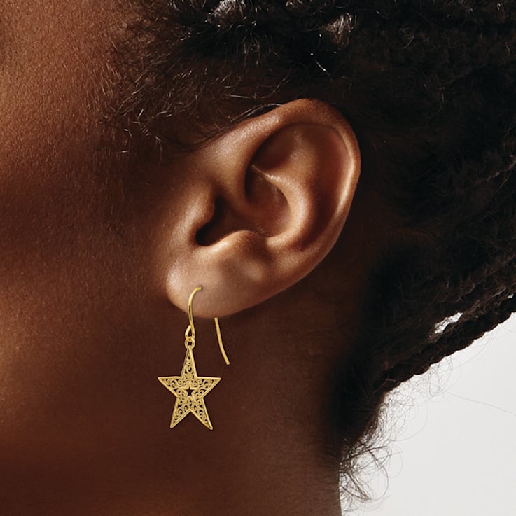 14k Yellow Gold Filigree Star Dangle Earrings
