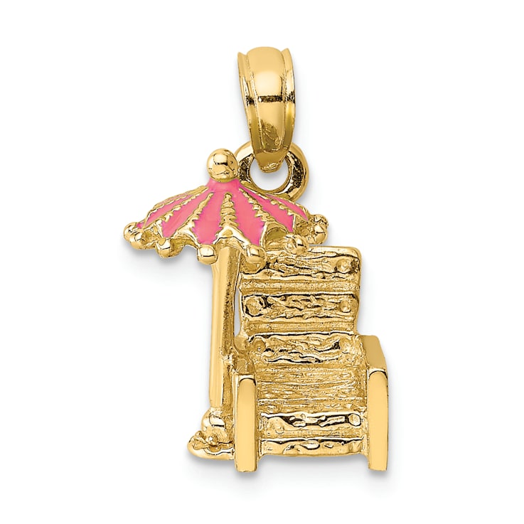 14k Yellow Gold 3D Pink Enamel Beach Chair and Umbrella Pendant