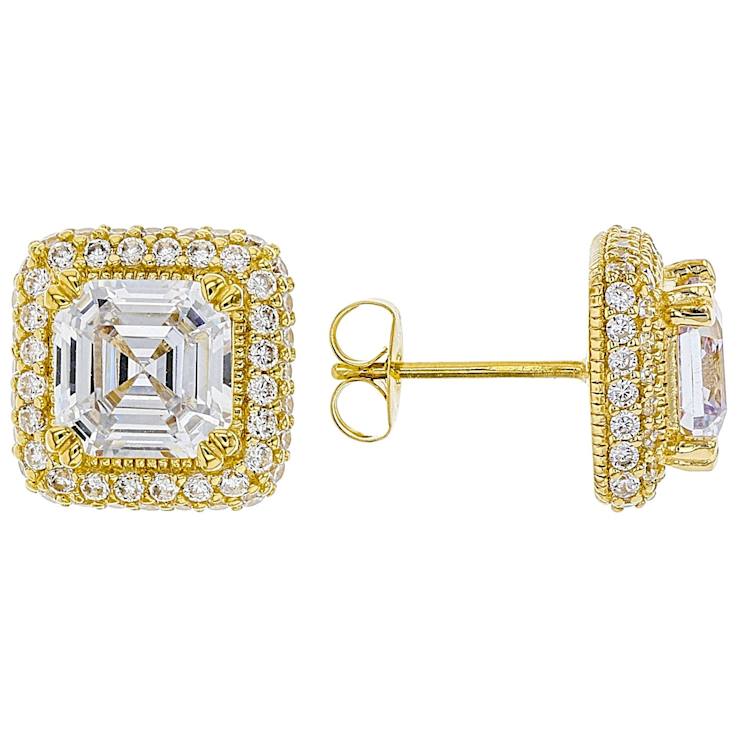 White Cubic Zirconia 18K Yellow Gold Over Sterling Silver Asscher Cut Earrings 6.90ctw BLV033B