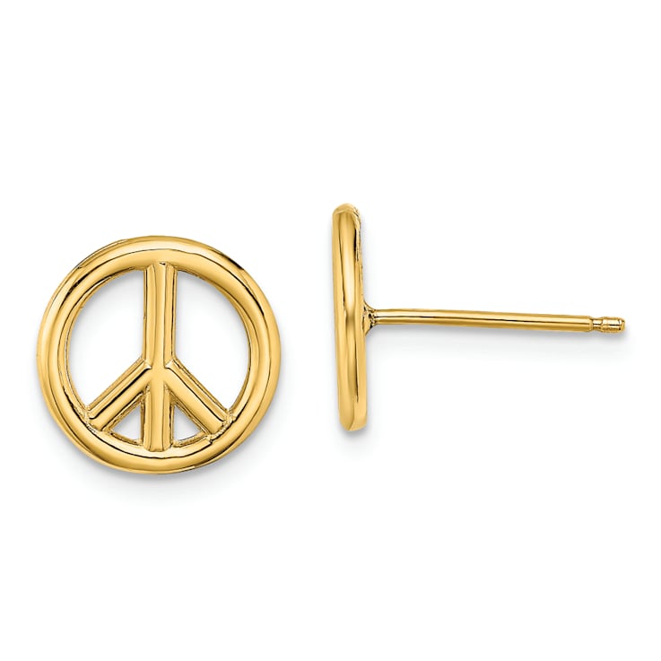14k Yellow Gold 3D Polished 10.2mm Peace Symbol Stud Earrings