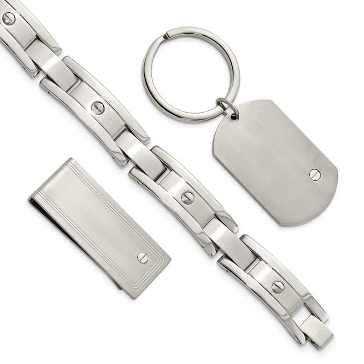 Stainless Steel Brushed and Polished Bracelet, Money Clip and Key Ring Set