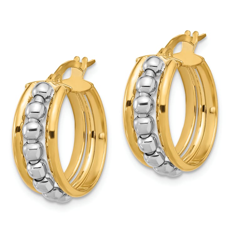 14k Yellow Gold and 14k White Gold Polished and Beaded 3/4" Hoop Earrings