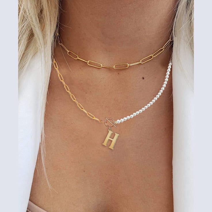 14K Gold Over Brass Initial Pearl Simulant Link Chain Necklace Letter H