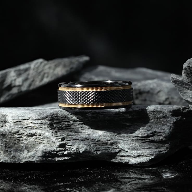 BAROQUE Black Titanium Diamond Pattern Brushed Finish Men’s Wedding Ring
with Milgrain Grooves 8mm