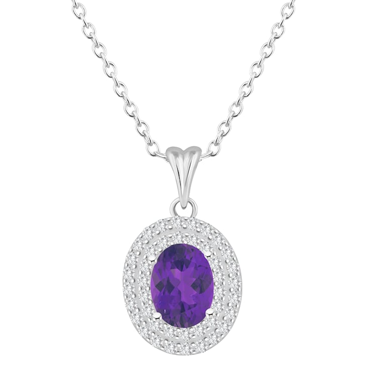 8x6mm Oval Amethyst And White Topaz Accent Rhodium Over Sterling Silver
Double Halo Pendant w/Chain