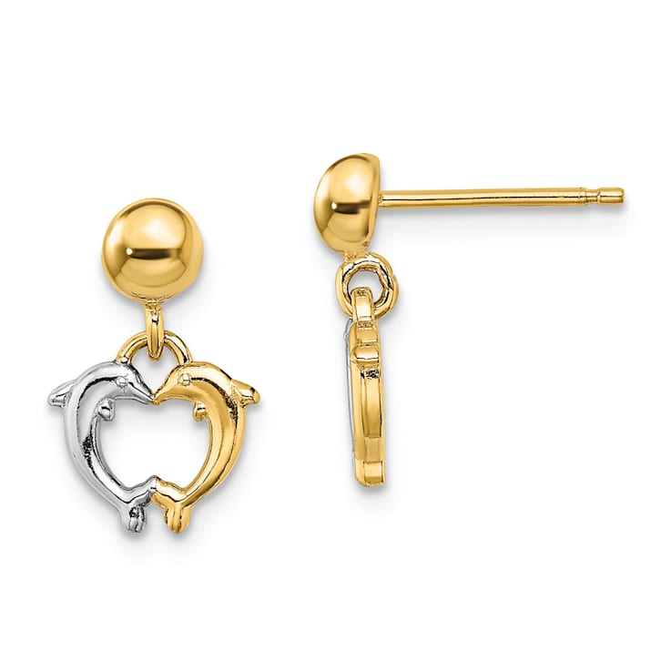 14k Yellow Gold and Rhodium Over 14k Yellow Gold Dolphin Dangle Earrings