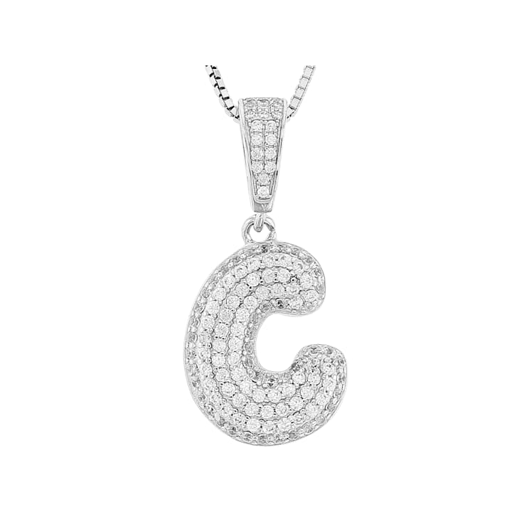 CZ Initial C Bubble Letter Pendant Necklace In Sterling Silver 1.43ctw