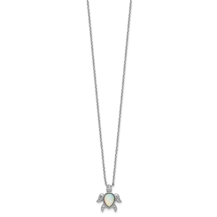 Rhodium Over Sterling Silver Lab Created Opal and Cubic Zirconia Turtle Necklace