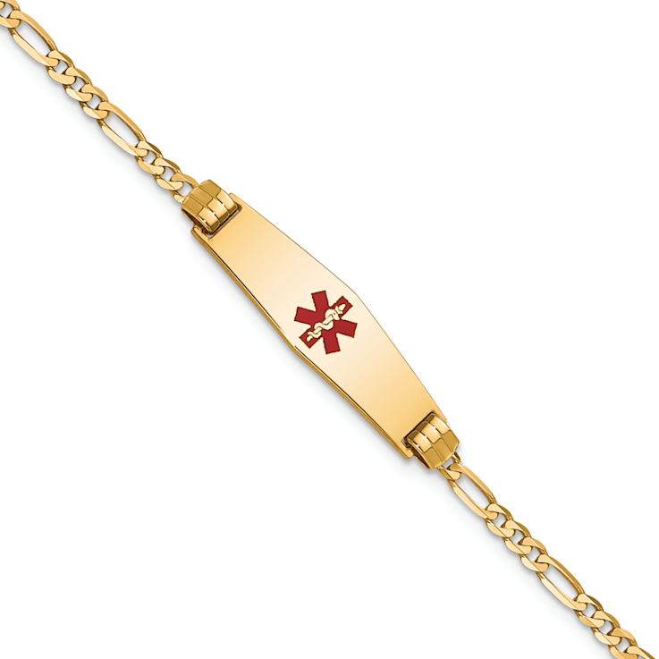 10k Yellow Gold Medical Soft Diamond Shape Red Enamel Figaro Link ID Bracelet